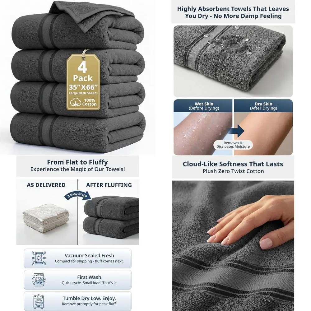 

Набор из 4 больших банных полотенец - без скручивания, быстросохнущие, цвет серый космос