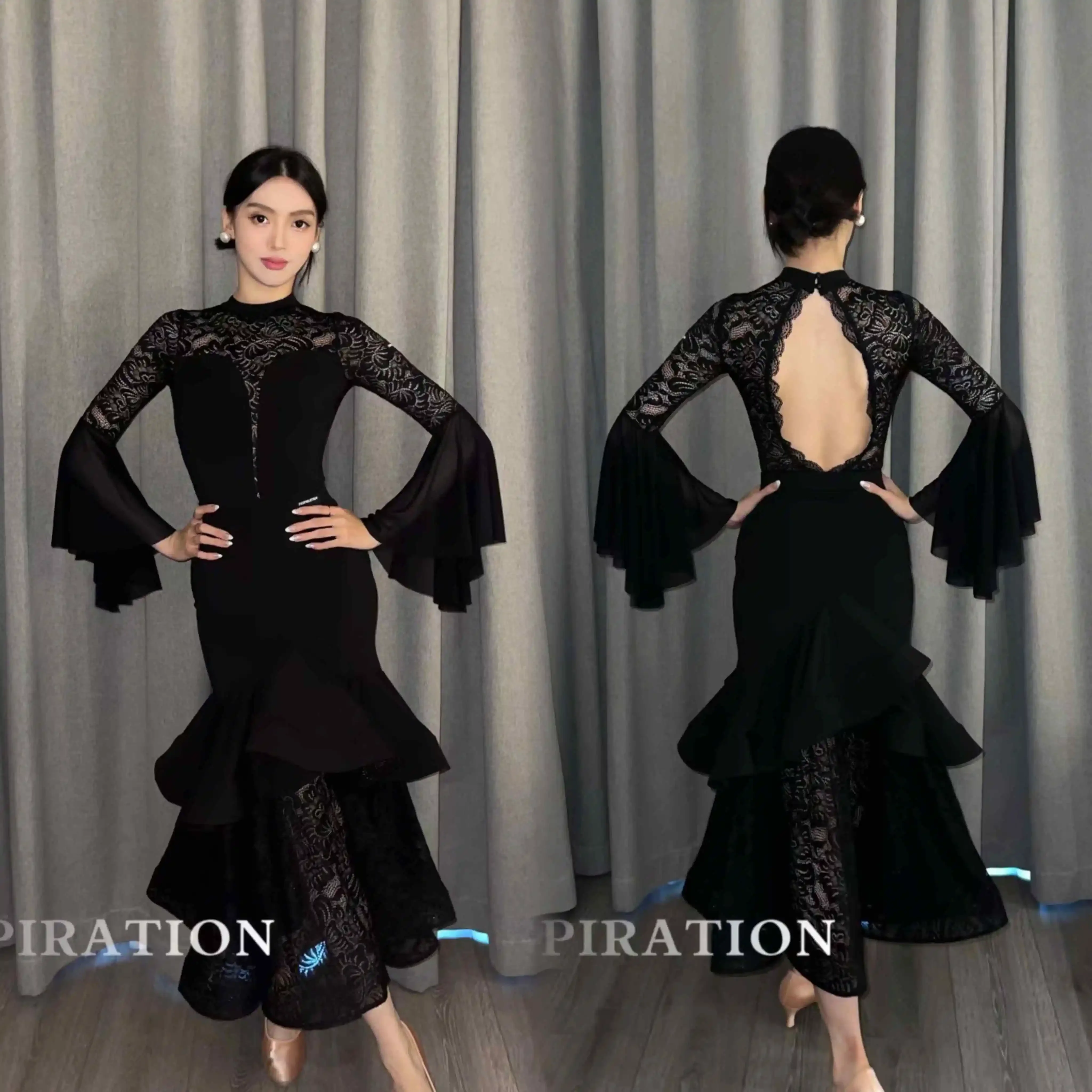 

Ballroom Dance Competition Clothing For Women Sexy Lace Bodysuit Big Swing Skirts Suit Modern Dance Stage Dress DQS17660