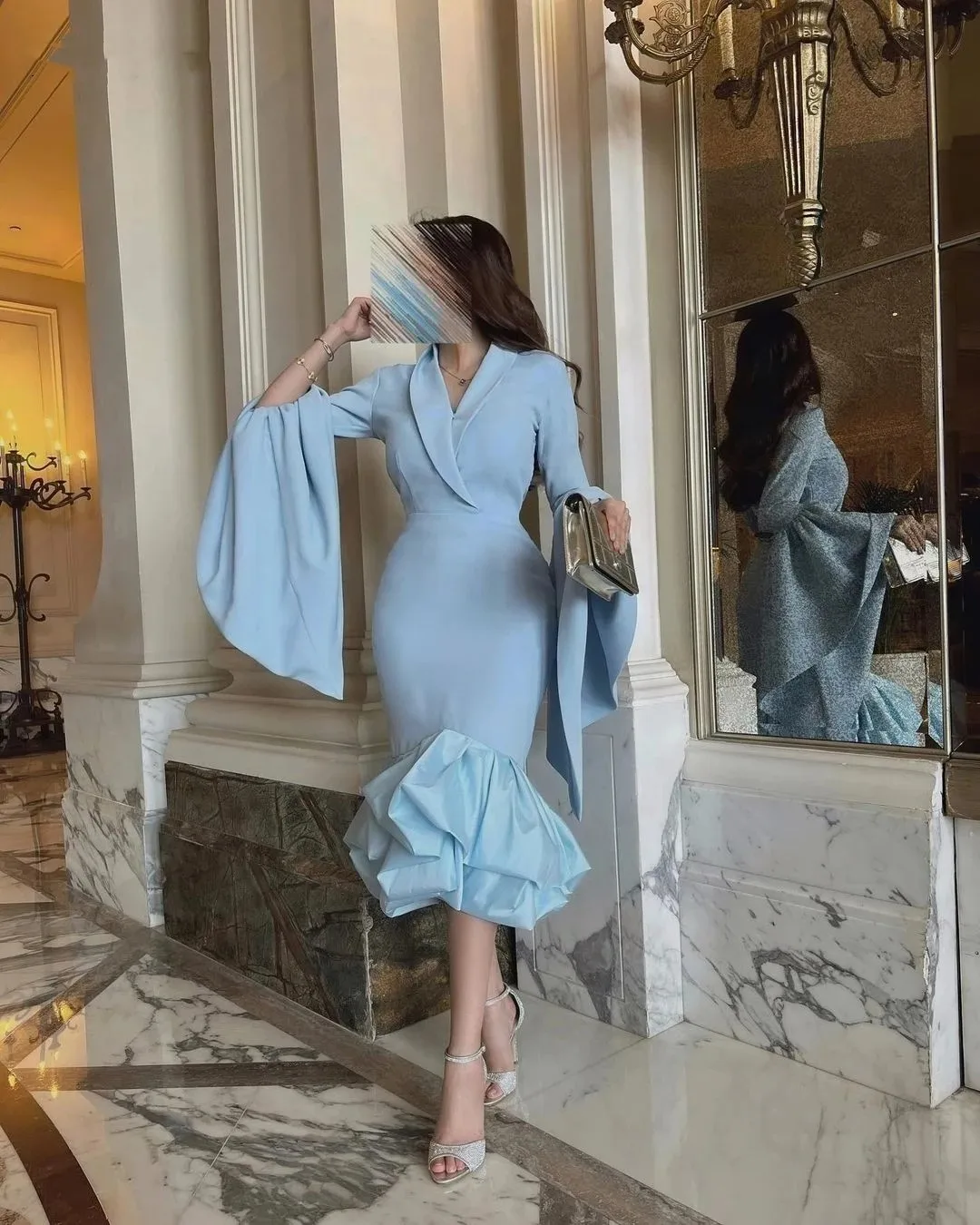 

Flora Dress Elegant Sky-Blue Chiffon Mermaid Flare Sleeves V-Neck Pleated Prom Dress Evening Party Gowns فساتين السهرة 2023