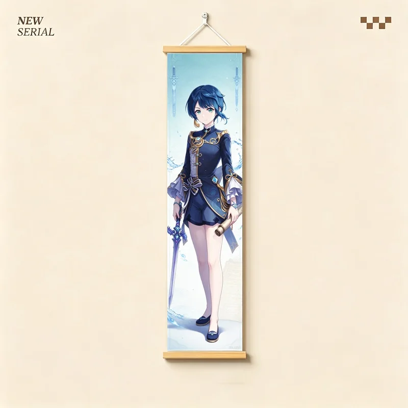 Hanging Scroll Wall Art of Genshin Impact Xingqiu with Blue Water Motifs on Silver Shimmer Canvas for an Anime Bedroom
