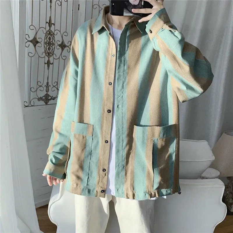 

spring autumn new Turn-down Collar Long Sleeve fashion shirt man High street Striped Contrast color Button All-match Cardigan