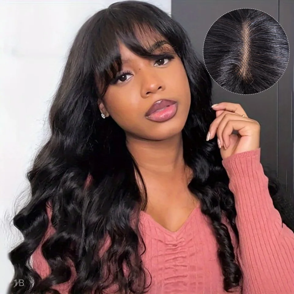 

Malaysia Body Wave Human Hair Lace Wig With Bangs For Women Natural Remy Fringe 22 Inches Realistic Scalp Human Hair Wigs