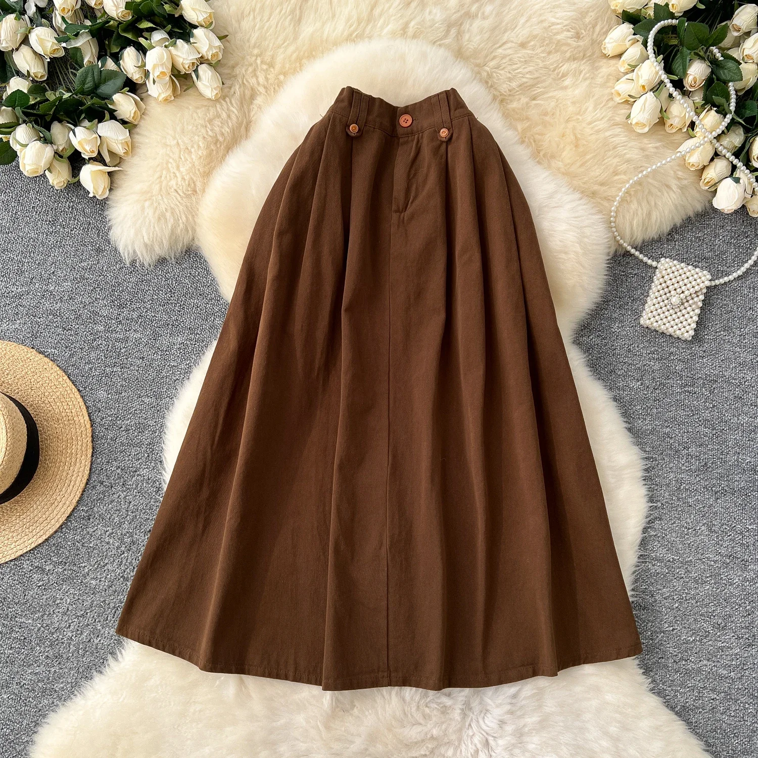 Vintage Pleated High Waist Women Slim Buttons Long A-line Skirt French High Street Streetwear Autumn Winter Basics Clothing