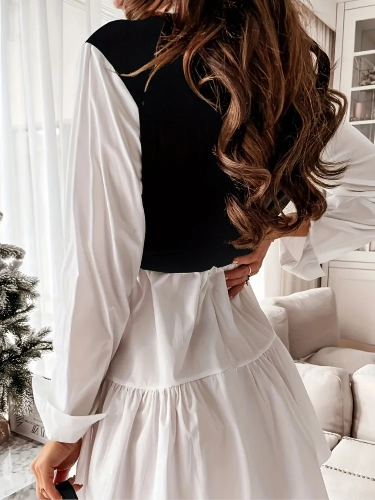 Fashion Patchwork Shirt Dress Office Ladies 2023 Autumn Winter Long Sleeve Women's Dress Casual Ruffles White Black Dresses