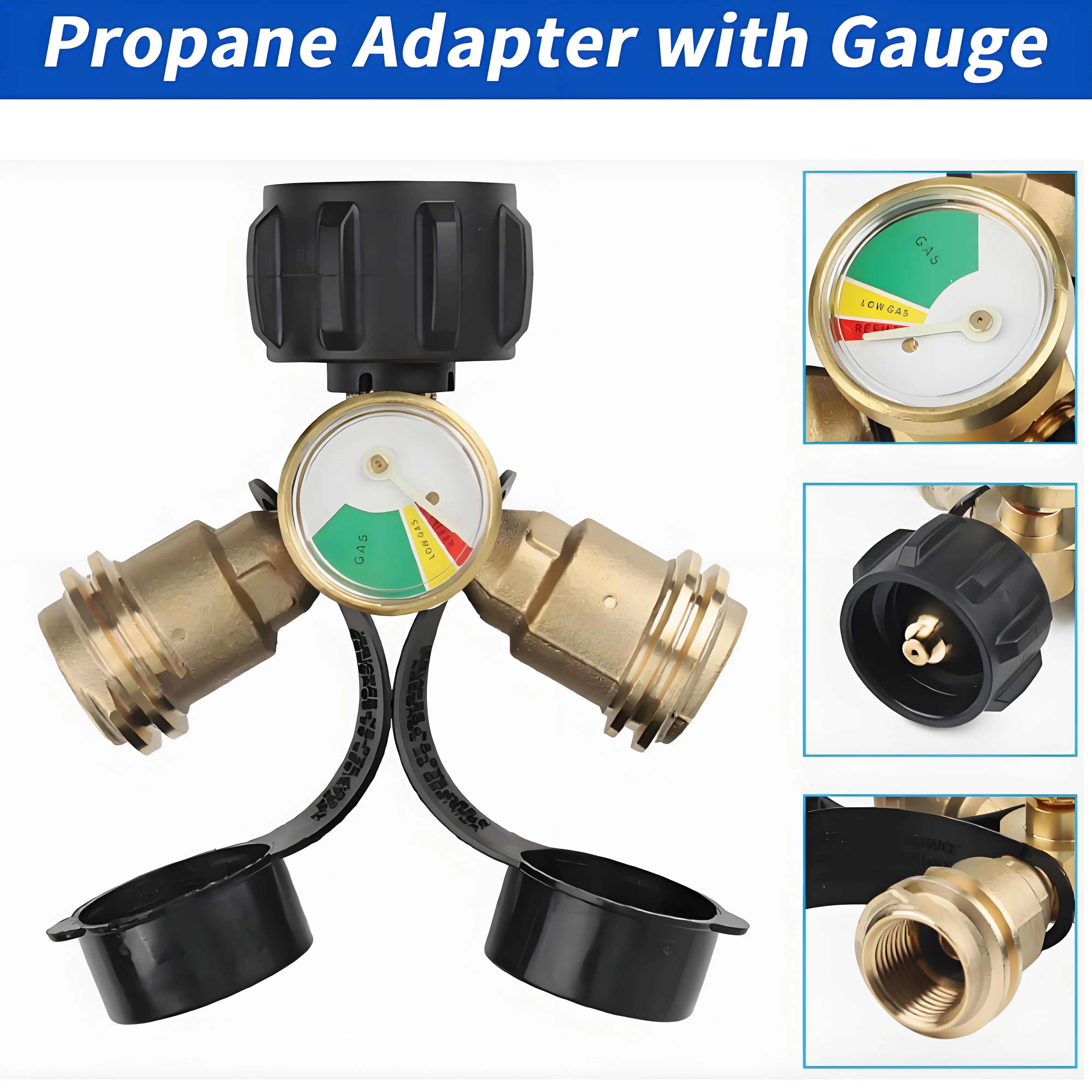 

2-ходовой разветвитель пропана, адаптер Y-разветвителя с запорным клапаном и манометром из латуни для баллона кемпера, газового гриля для барбекю