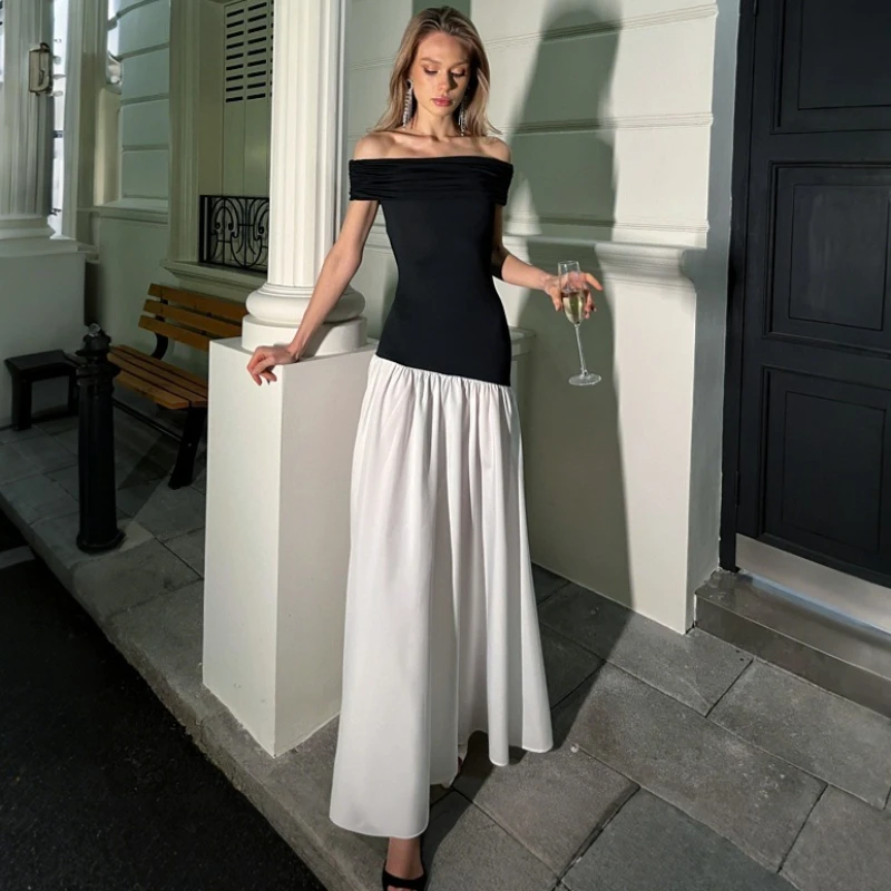 

Tsiisd Fashion Patchwork Off Shoulder Maxi Dress For Women Slim Elegant Sexy Party Evening Dress Female Bodycon Dress New 2026