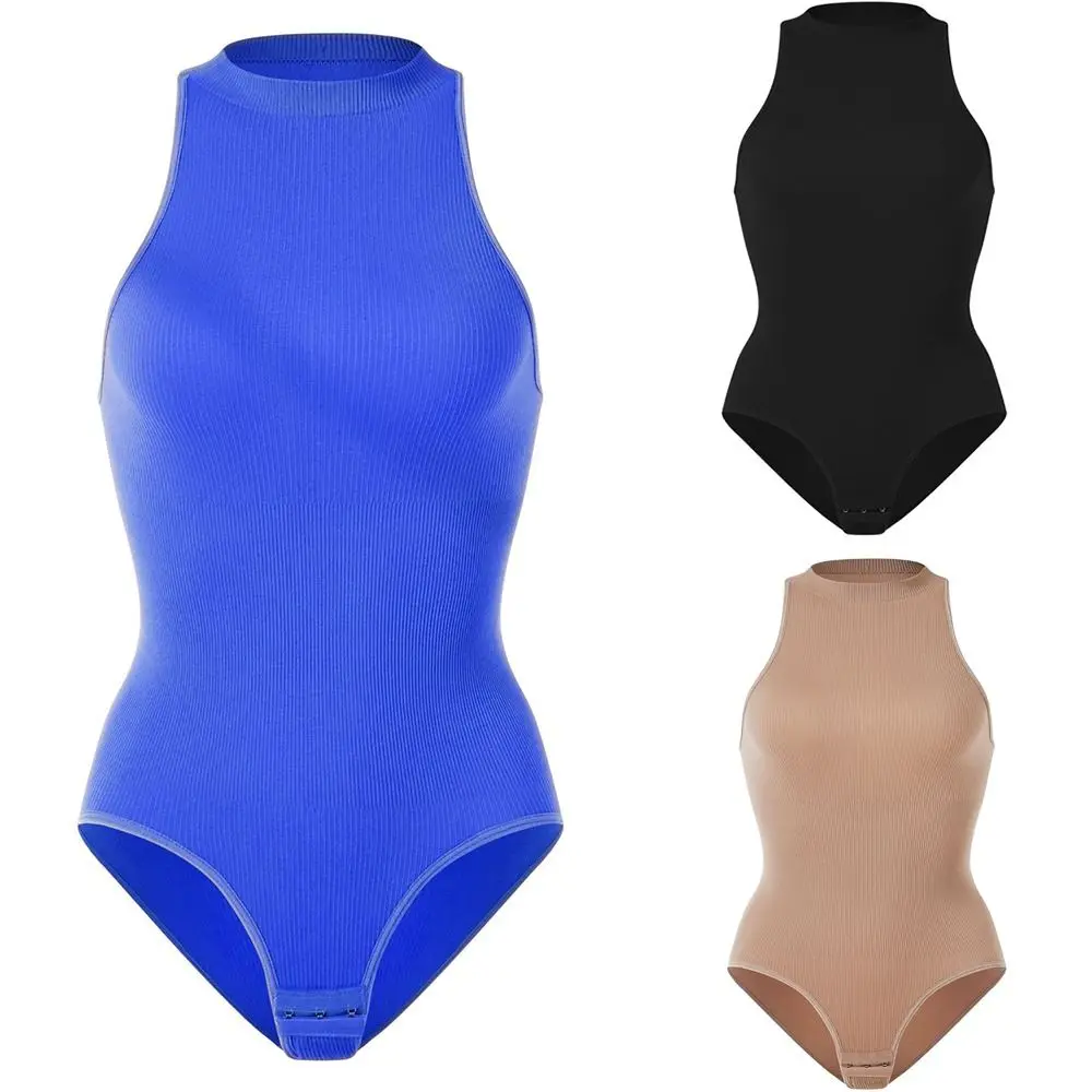 

Comfortable Ribbed Women's Bodysuits Sleeveless Halter Neck Full Body Shaper Snatched Waist Thong Compression Shapewear Running