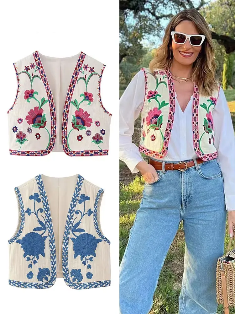 

2024, женский жилет с цветочной вышивкой, короткий кардиган с открытой строчкой, пальто, женская повседневная винтажная верхняя одежда, женский жилет, топ