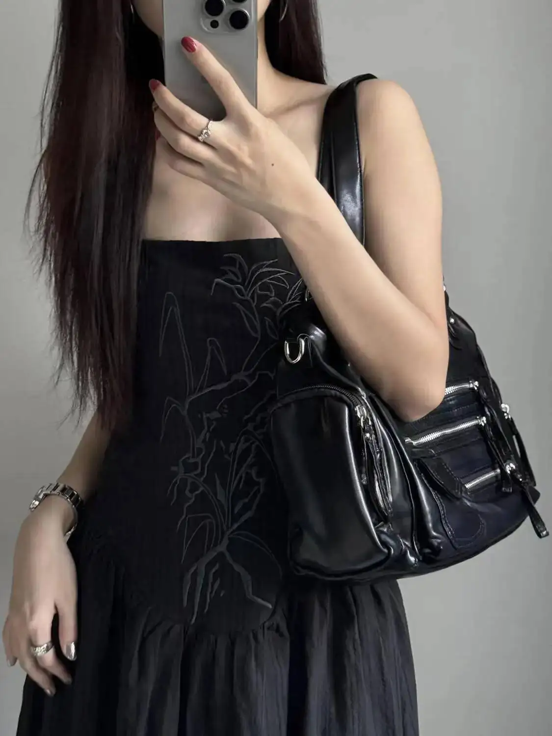 Bloom Vintage Black Shoulder Purse Women High Street Pocket Chic Y2k Handbag Female Haruku Casual Crossbody Bags 2025