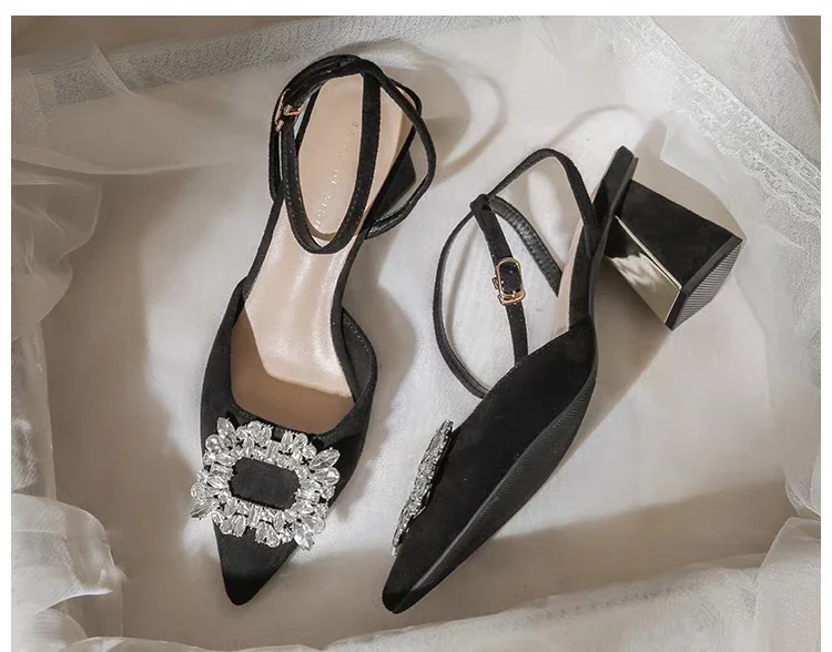 Ankle Strap Crystal Sandals for Women Pointed Toe High Heels Sandalias De Mujer Shiny Rhinestones Square Heeled Pumps