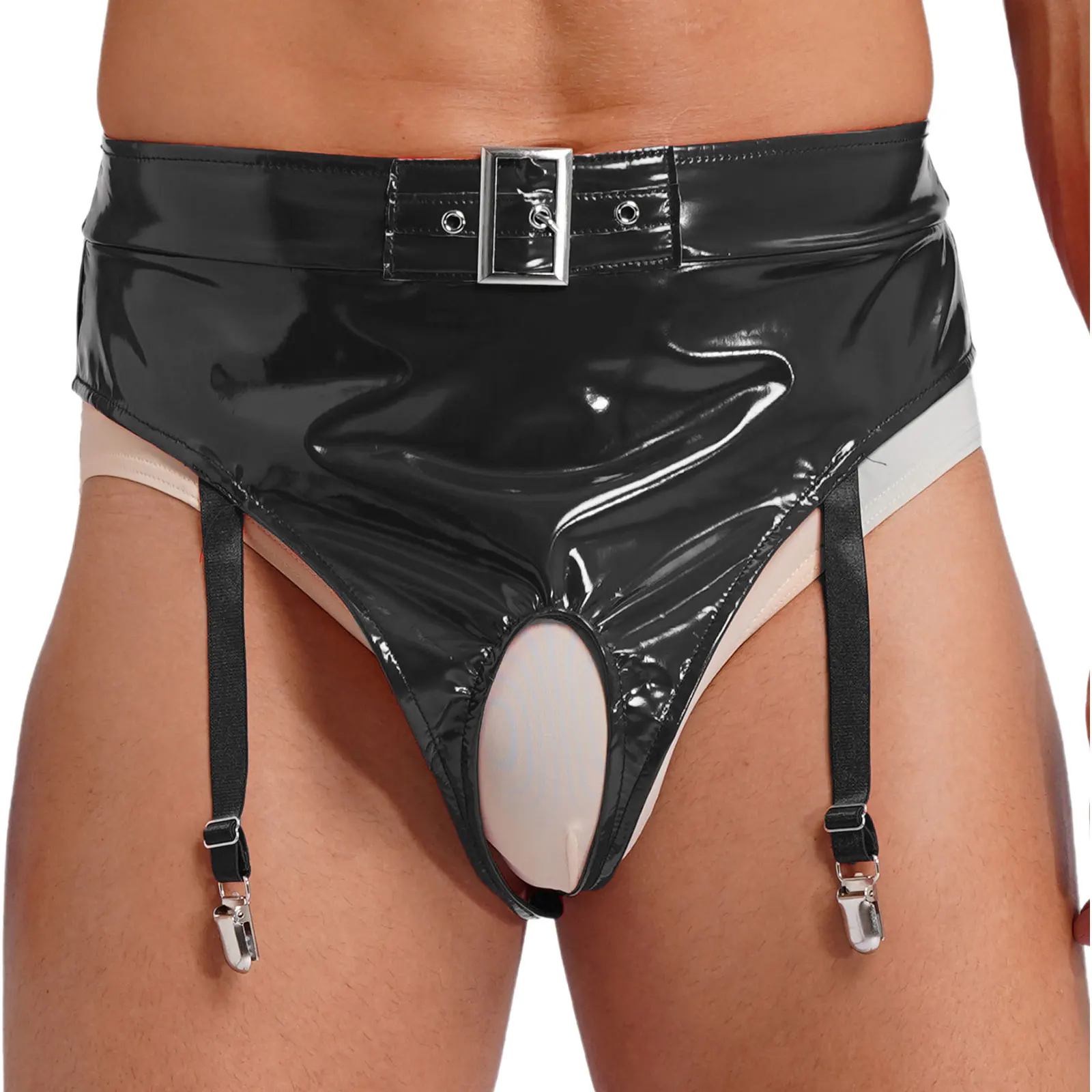 

Мужские сексуальные трусы из лакированной кожи с зажимами для подвязок, стринги с высокой талией и открытой промежностью, нижнее белье, трусы, ночная рубашка, клубная одежда