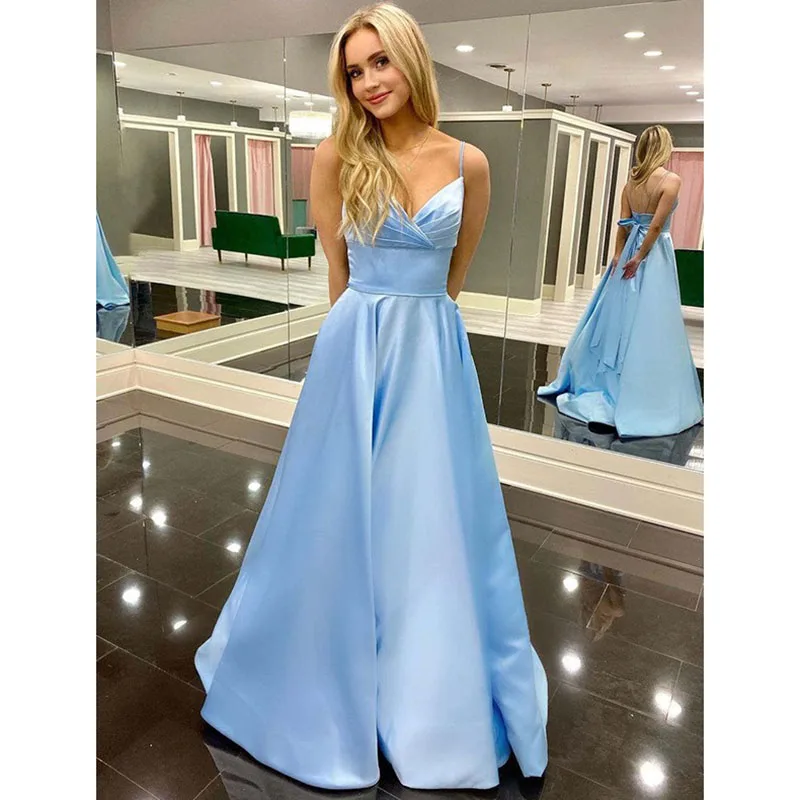 Vestidos de graduación largos de satén para mujer, vestido de noche Formal con tirantes de Línea A y espalda descubierta, vestido de dama de honor de fiesta con lazo, color azul cielo