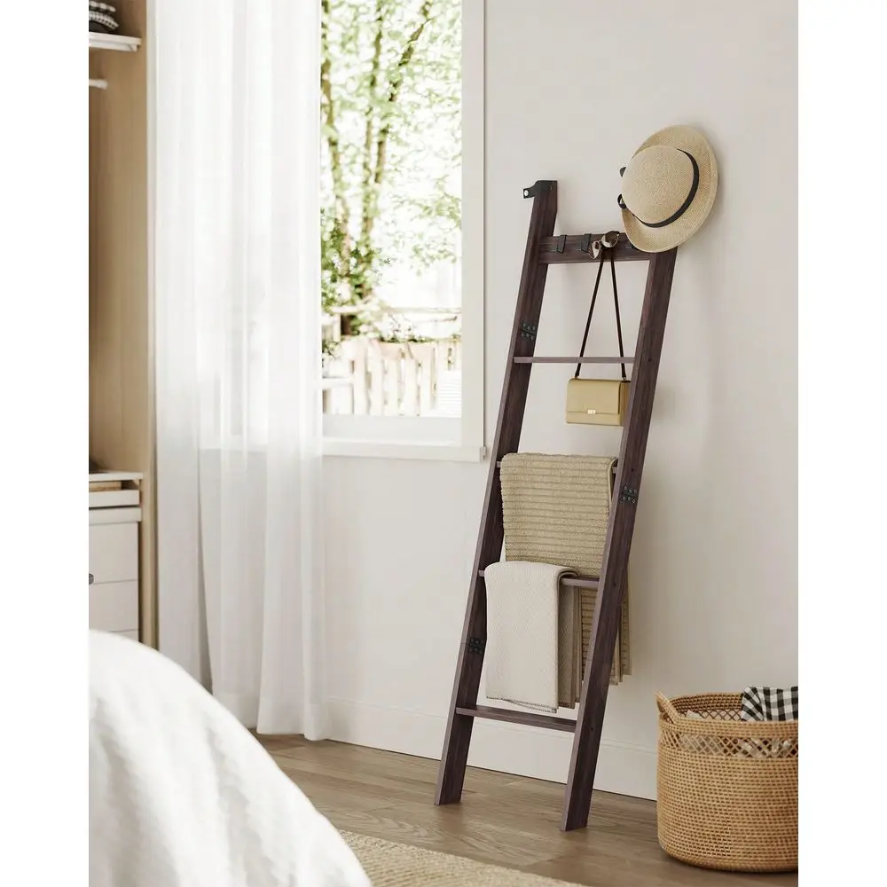 

Blanket Ladder Shelf, 5Tier Ladder Rack For Storage And Decor With 4 Removable Hooks, Decorative Farmhouse For The Living Room