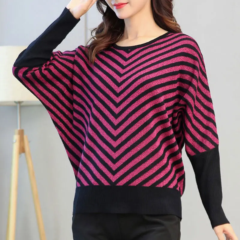 Spring Autumn Vintage Striped Wave Cut Spliced Knitted Sweaters Female Loose Batwing Sleeve Stylish Bright Silk O-Neck Jumpers