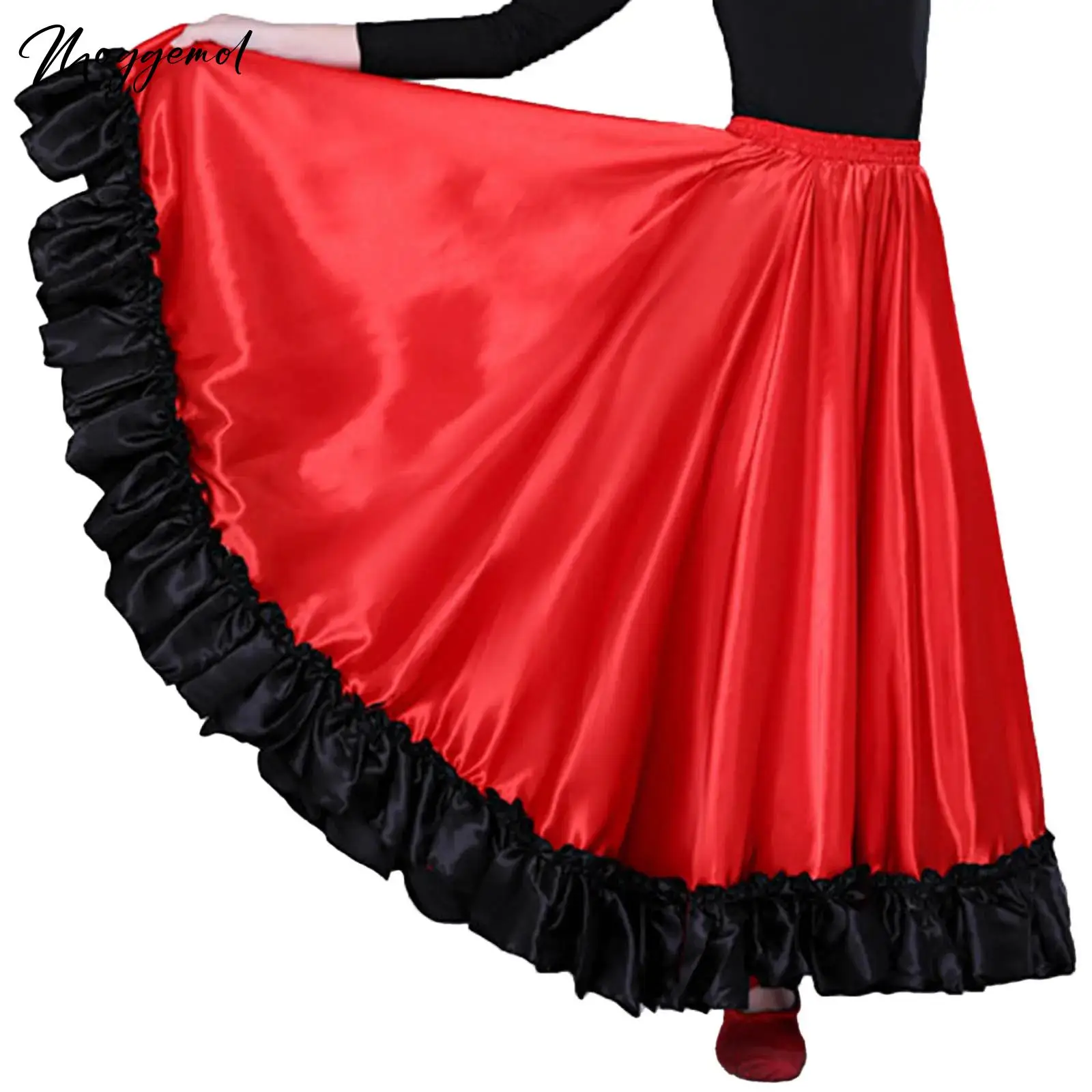 Womens Spanish Flamenco Swing Big Skirt Ballroom Latin Dance Skirts Elastic Waistband Ruffled Hem Festival Performance Costume