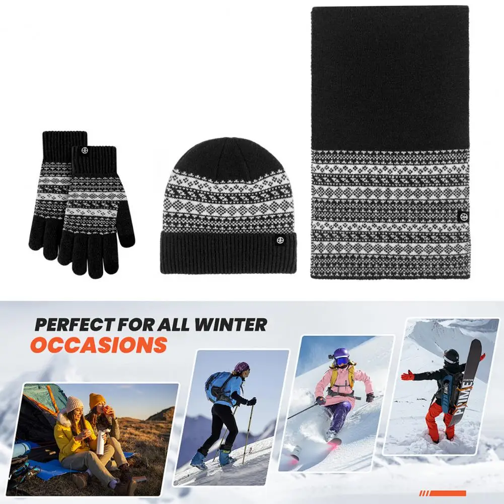 Snowflake Motif Winter Set Winter Snowflakes Geometric Pattern Hat Scarf Gloves Set Thermal Knit Windproof Beanie for Weather