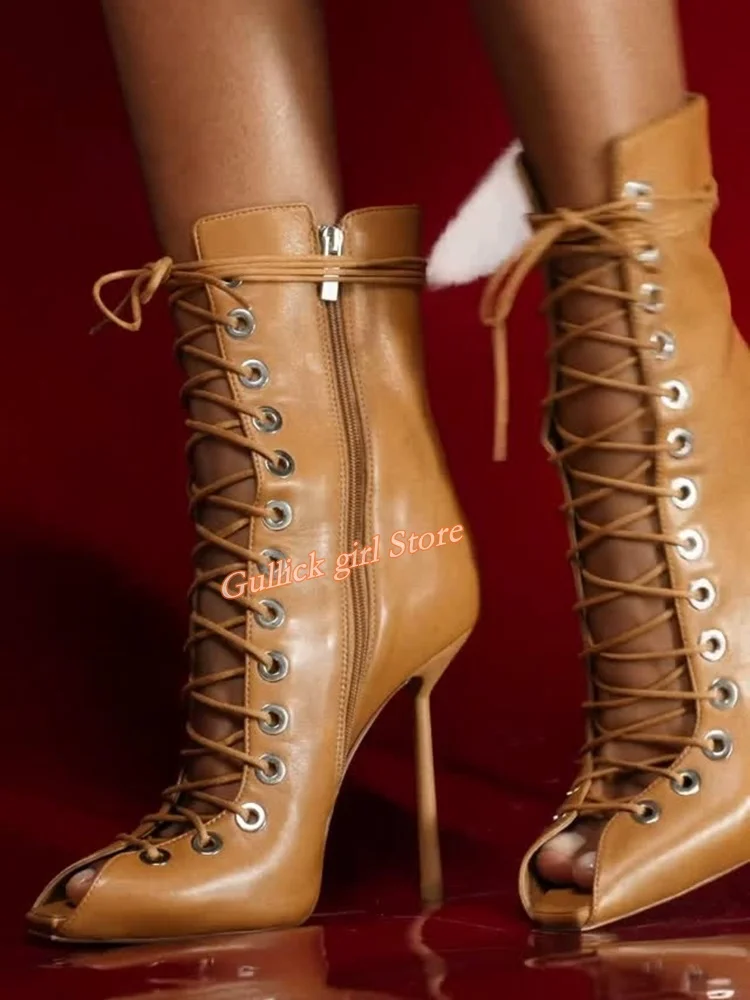 Brown Leahter Lace Up Ankle Booties Peep Toe Stiletto Thin High Heel Fashion 2025 Winter Autumn Women Dress Shoes