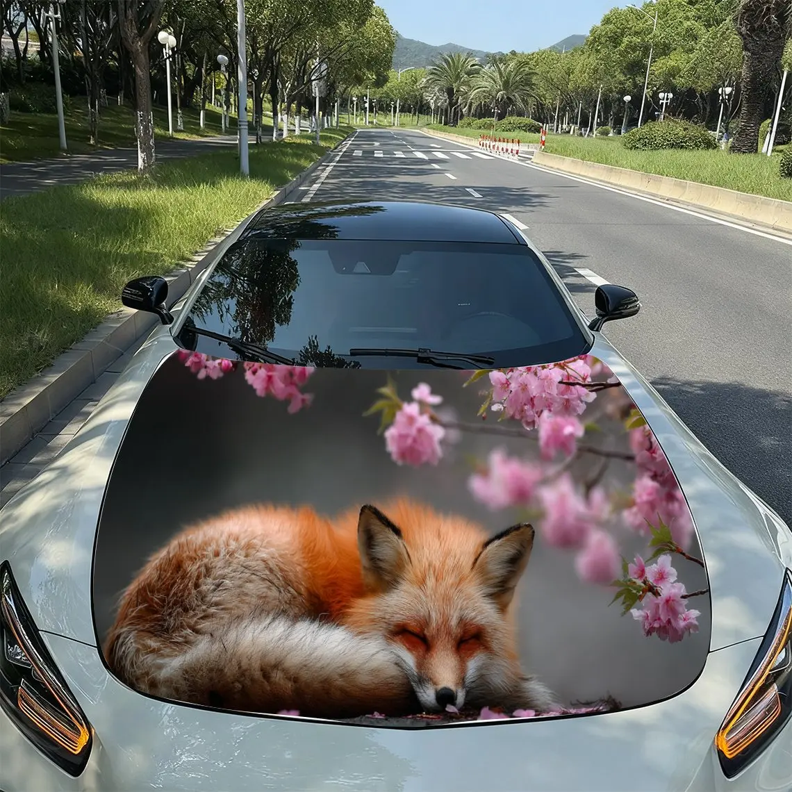 

Cherry Blossom Red Fox Romantic Nature PVC Car Hood Wraps, Self-Adhesive Waterproof Car Bonnet Decal Sticker, Car Decoration Pro