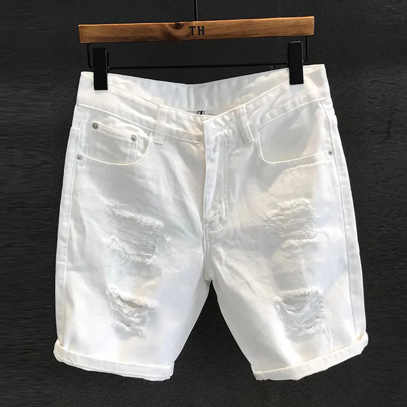 

Summer Thin White Ripped Denim Shorts Men's Korean Style Slim Fit Elastic Five-Quarter Pants Trendy Versatile Mid-Lengt...