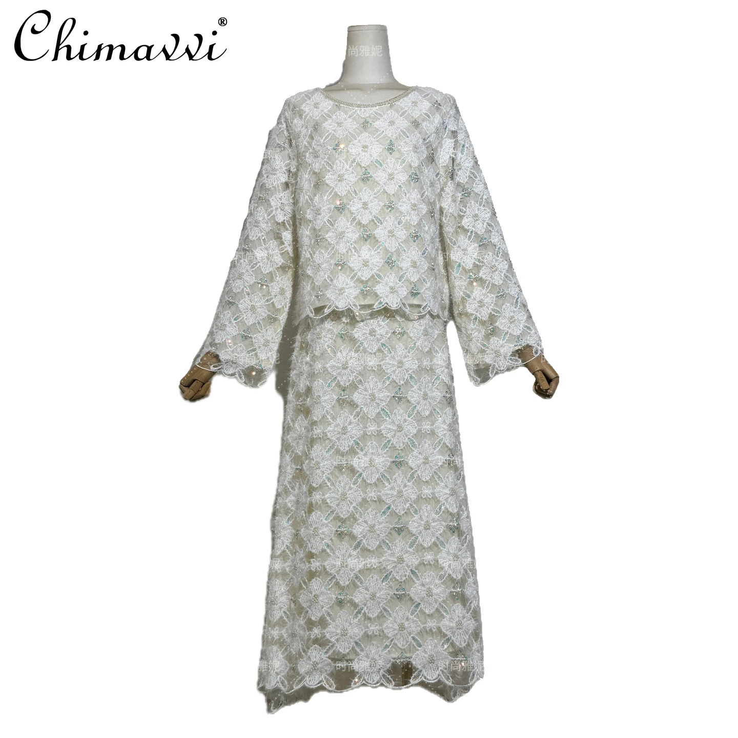 Moda nova manga longa topo floral pesado bordado palco lantejoulas pérola miçangas saia de comprimento médio feminino festa de outono 2 peças conjunto