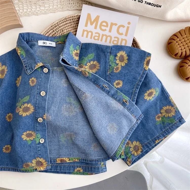 Siblings Children\'s Denim Suit 2024 Summer Korean Fashion Sunflowers Kid Girls Shirt+ Shorts Set 2-7Y Baby Boys Two-piece Suit