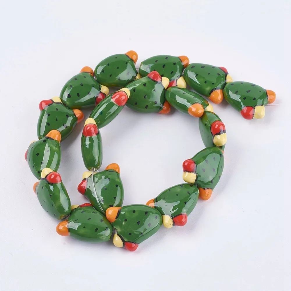 Handmade Porcelain Beads Hand Painted Ceramic Beads Cactus Green 21x19x9mm Hole: 1.5mm