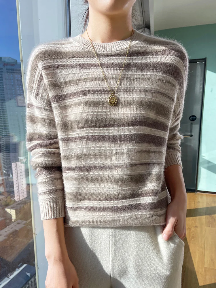 Women\'s O-neck Striped Pullover Sweater Autumn Winter 100% Merino Wool High Quality Soft Warm Knitwear Korean Popular Clothes