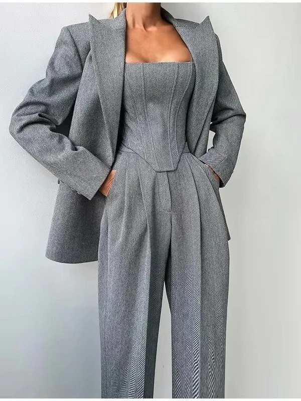 

Casual Women's Three-Piece Suit Set with Coat And Long Pants Fashionable Polyester Leisure Outfit for Teens And Young Adults