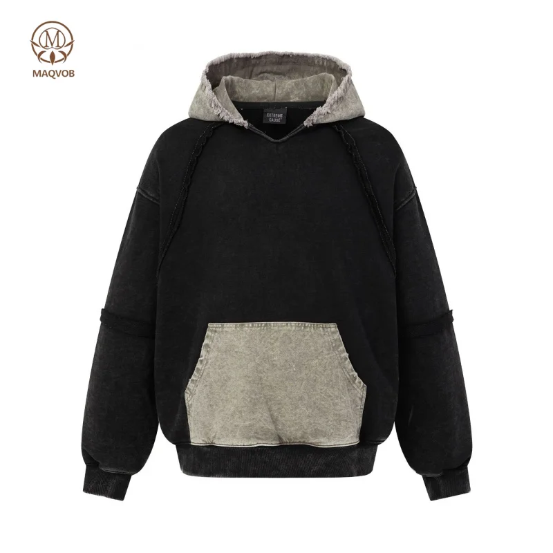 MAQVOB EU US Size Luxury Quality Casual Hoodie Street Wear  Retro Color-Block Loose-Fit Unisex Autumn Casual Sweatshirt