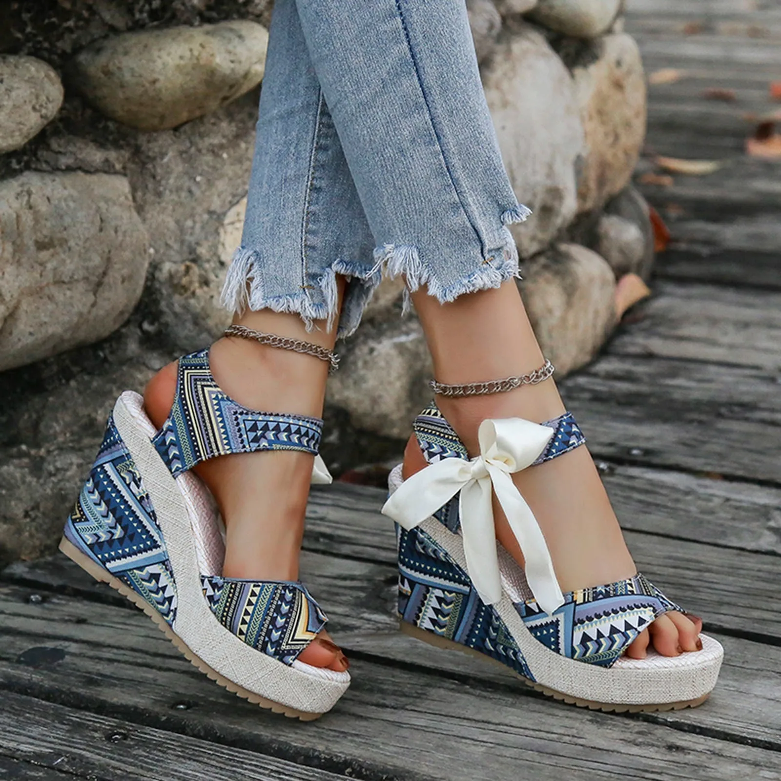 Ladies Summer Beach Boho Floral Wedge Sandals Women Ankle Strap Platform Gladiator Shoes Fashion High Heels Sandalias Mujer