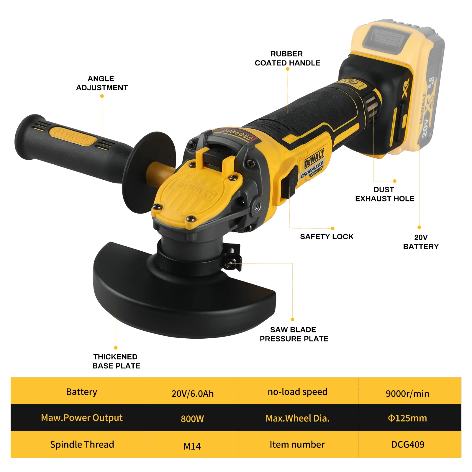 DEWALT Angle Grinder DCG409 20V Cordless Brushless Power Tool Cutting Machine 125mm Rechargeable Portable Polisher