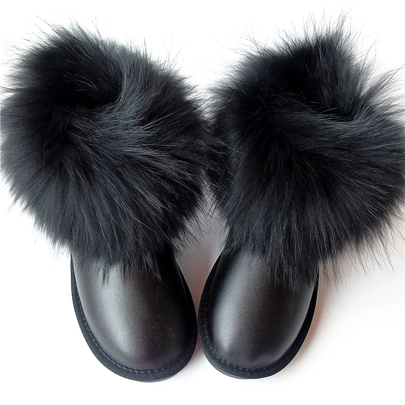 G&Zaco Luxury Natural Black Fox Fur Snow Boots Waterproof Cowskin Boots Ankle Boots Real Fur Genuine Leather Women Flat Shoes