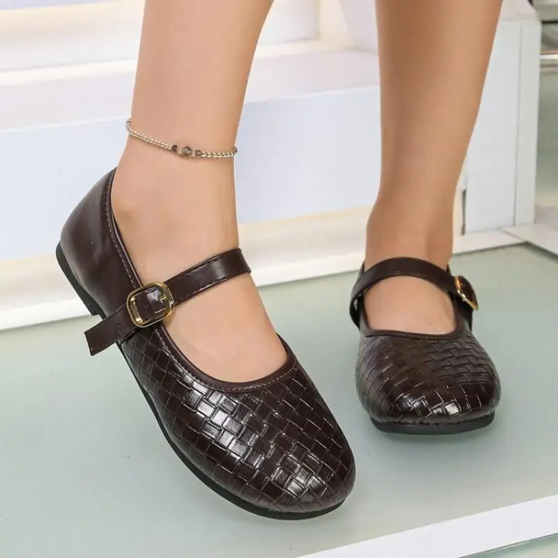 Women Mary Jane Shoes Soft Leather Flat Bottom Slip-On Comfortable Round Toe Korean Style Low Heel Spring Autumn Shoes