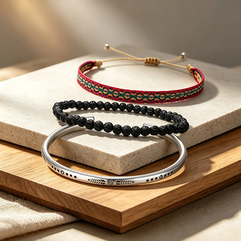 Vintage Tribal 3Pcs Bracelets Set Adjustable Braided Rope Volcanic Stone Bead Silver Bangle Boho Couple Stacking Gift Jewelry