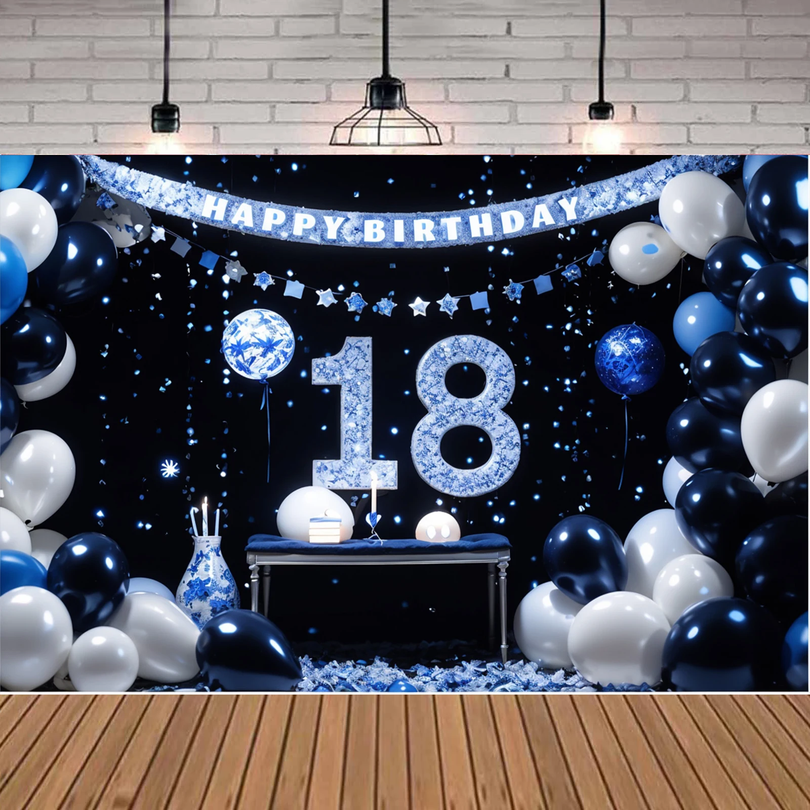 5*3ft Happy 18th Birthday Backdrop Banner Blue Black Theme Background with Blue Balloon Shiny Fashion Birthday Party Photo