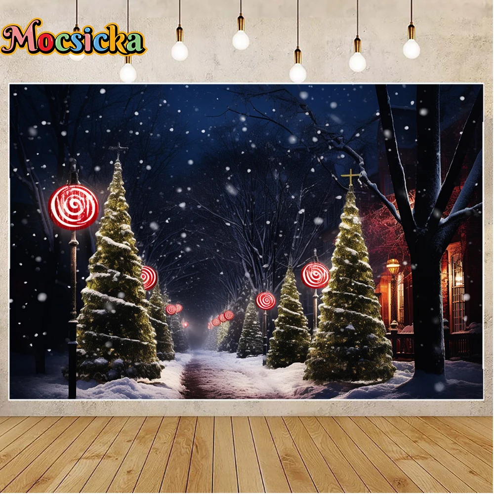 Mocsicka Winter Kerstfotografie Achtergrond Starry Sky Candy Xmas Tree Volwassenen Familie Kinderen Foto Backdrops Studio
