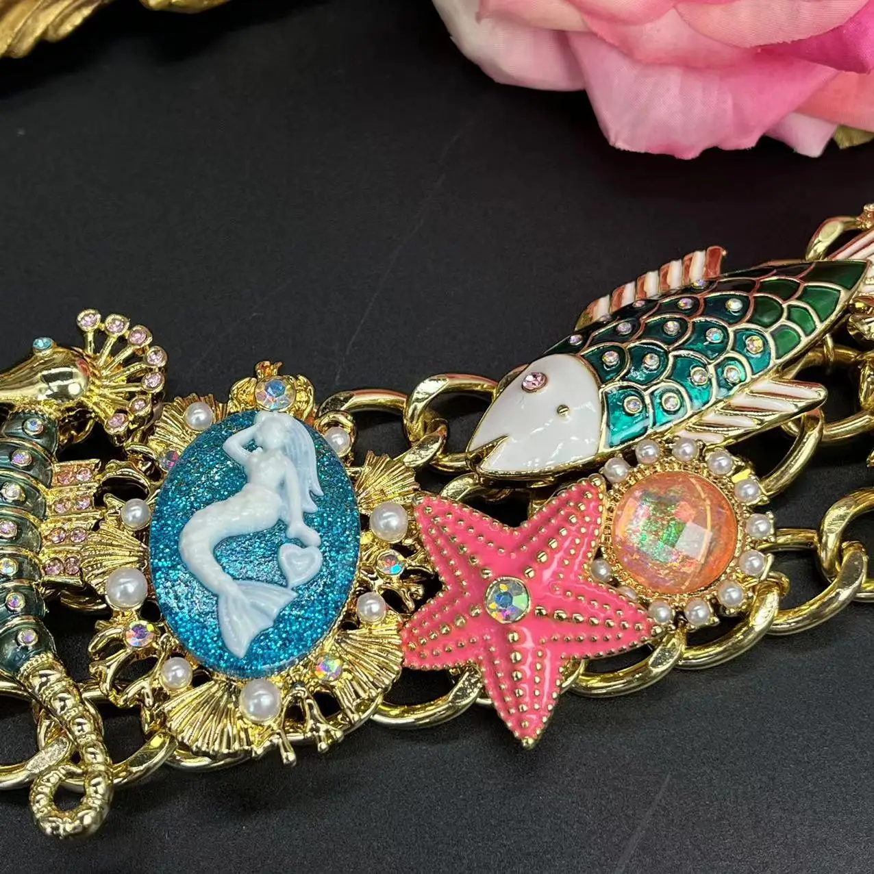 Vintage Sea Ocean Colorful Enamel Starfish Shell Lobster turtle Pearl Necklace Mermaid Bracelet Earrings Jewelry Set For Women