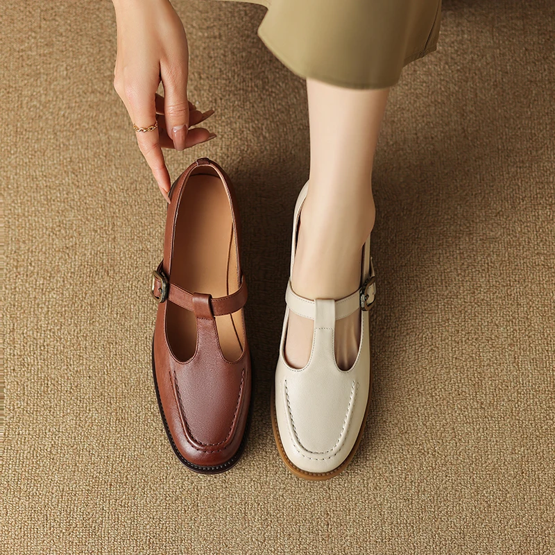 2026 new spring summer women pumps natural leather 22-25cm cowhide+sheepskin+pigskin round toe t-buckle women shoes fashion