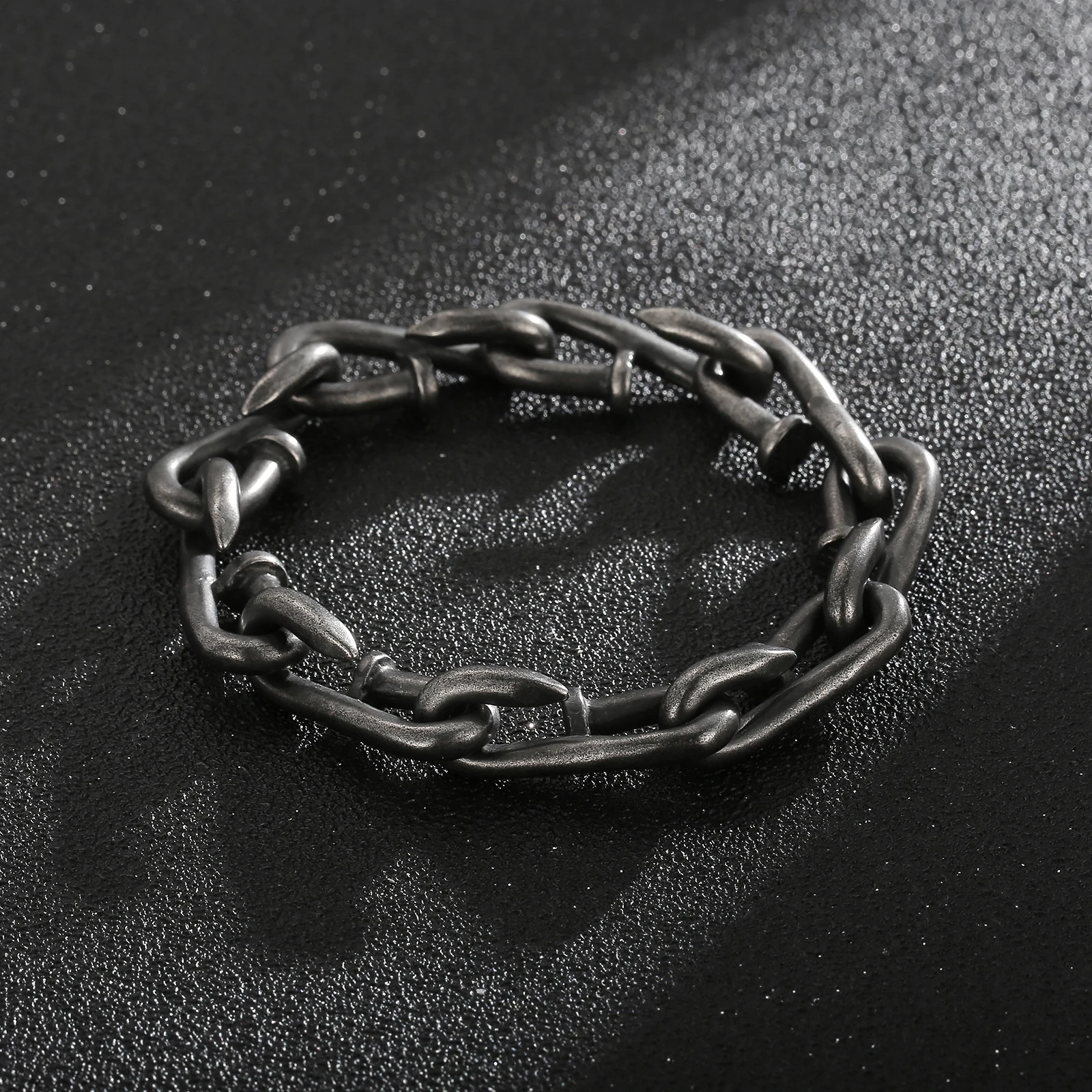 HaoYi Vintage Stainless Steel Nails Chain Bracelet For Men Fashion Oxidized Black Punk Cuff Jewelry Gift