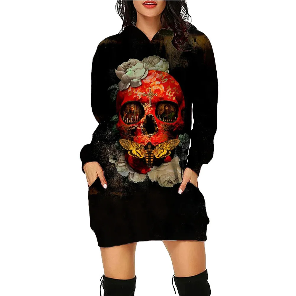 Halloween Skull Printed Hoodie Dress Floral Women's Daily Workout Hoodies Long Sleeve Pullover Autumn Winter Loose Tee Vestidos