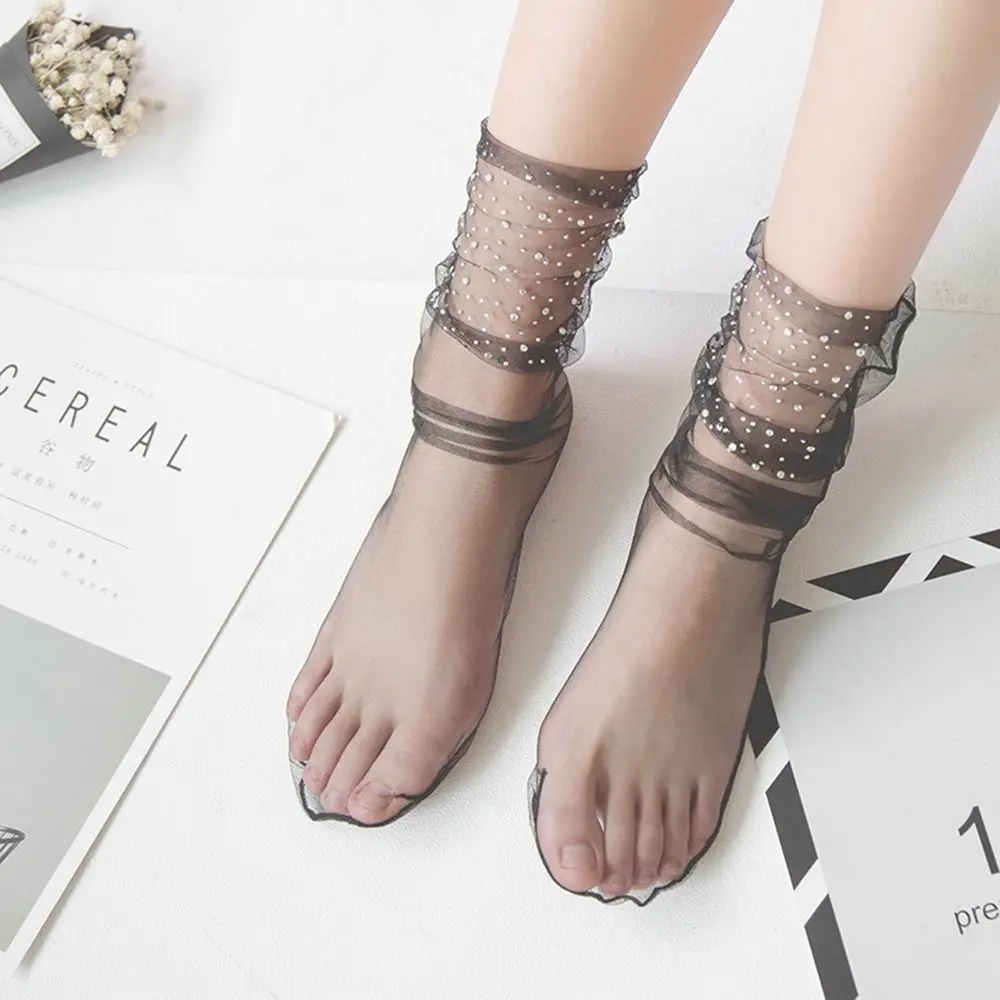 Calcetines tobilleros transparentes de malla elástica de cristal de seda de cristal con purpurina para mujer