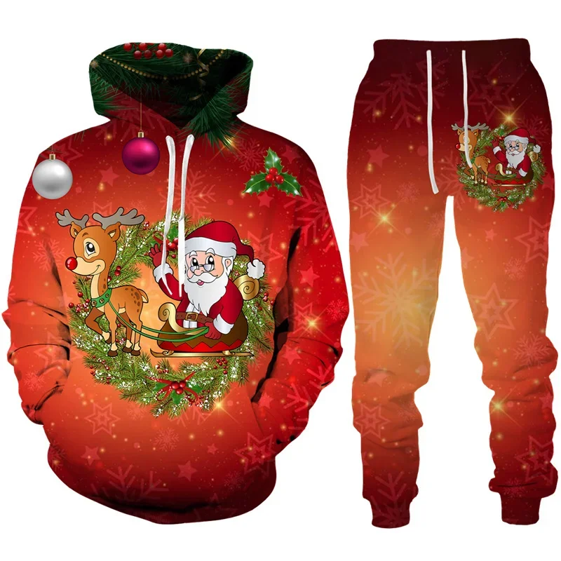 3D Print Hoodies Suit Christmas Santa Claus Man Woman Tracksuit Pants 2pcs New Year Party Casual Pullover Oversized High-quality