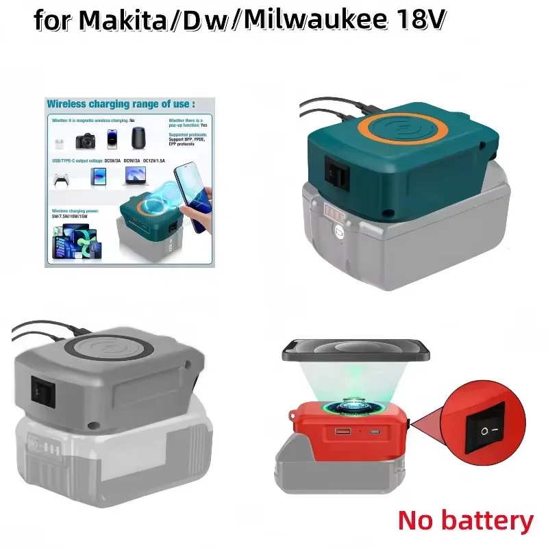 

Быстрое зарядное устройство для литий-ионных аккумуляторов Dewalt/Makita/Milwaukee 18В, беспроводной зарядный адаптер с портами USB и Type-C, зарядное устройство для телефона/банковских карт