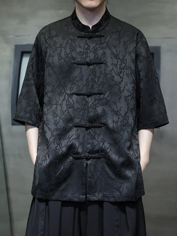 

Новая мужская рубашка в китайском стиле с коротким рукавом, вышивкой, летняя, тонкая, свободного кроя, в стиле Тан, на пуговицах, с воротником-стойкой, дышащая, верхняя одежда