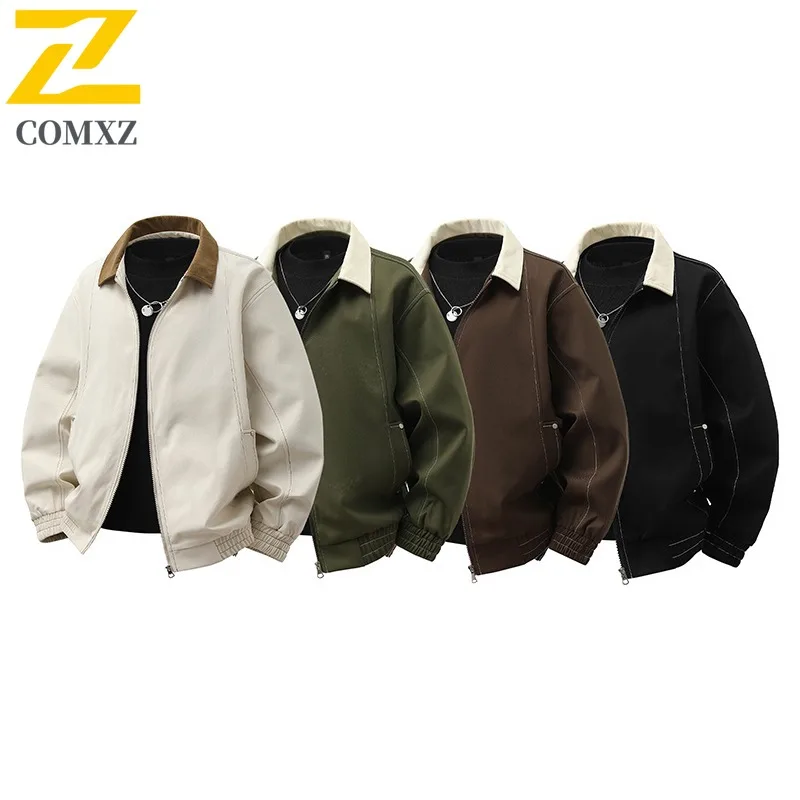

COMXZ 2025 Mens Workwear Jacket Plus Size Stand Collar Autumn Cycling Travel Turndown Collar Coat Vintage Streetwear Outerwear