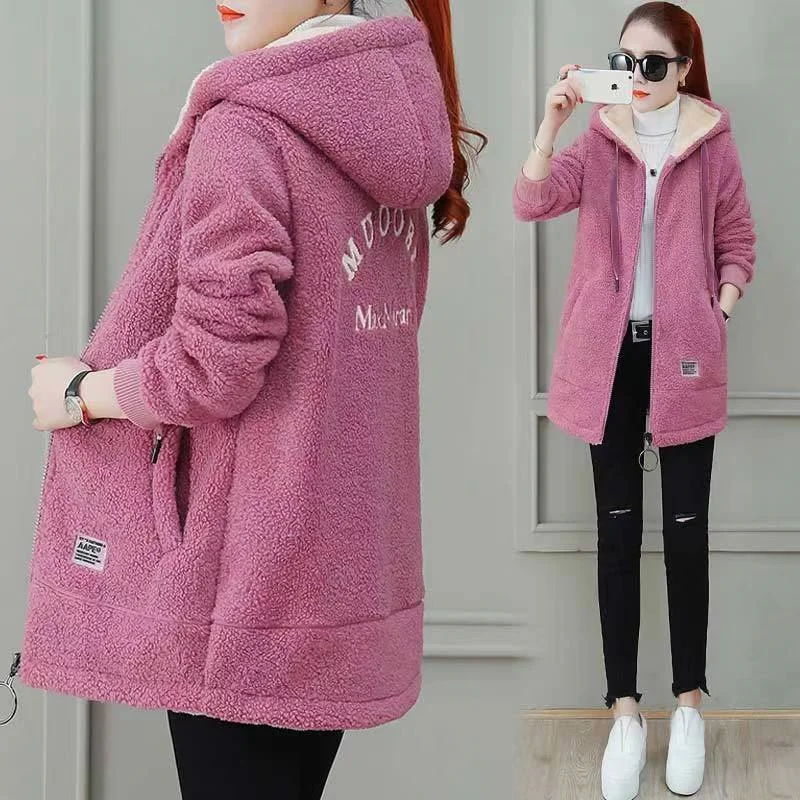 Add Fleece Thick Coat Loose Large Size Women\'s New Fashion Winter Hooded Student Cardigan Imitation Lamb Wool Coat