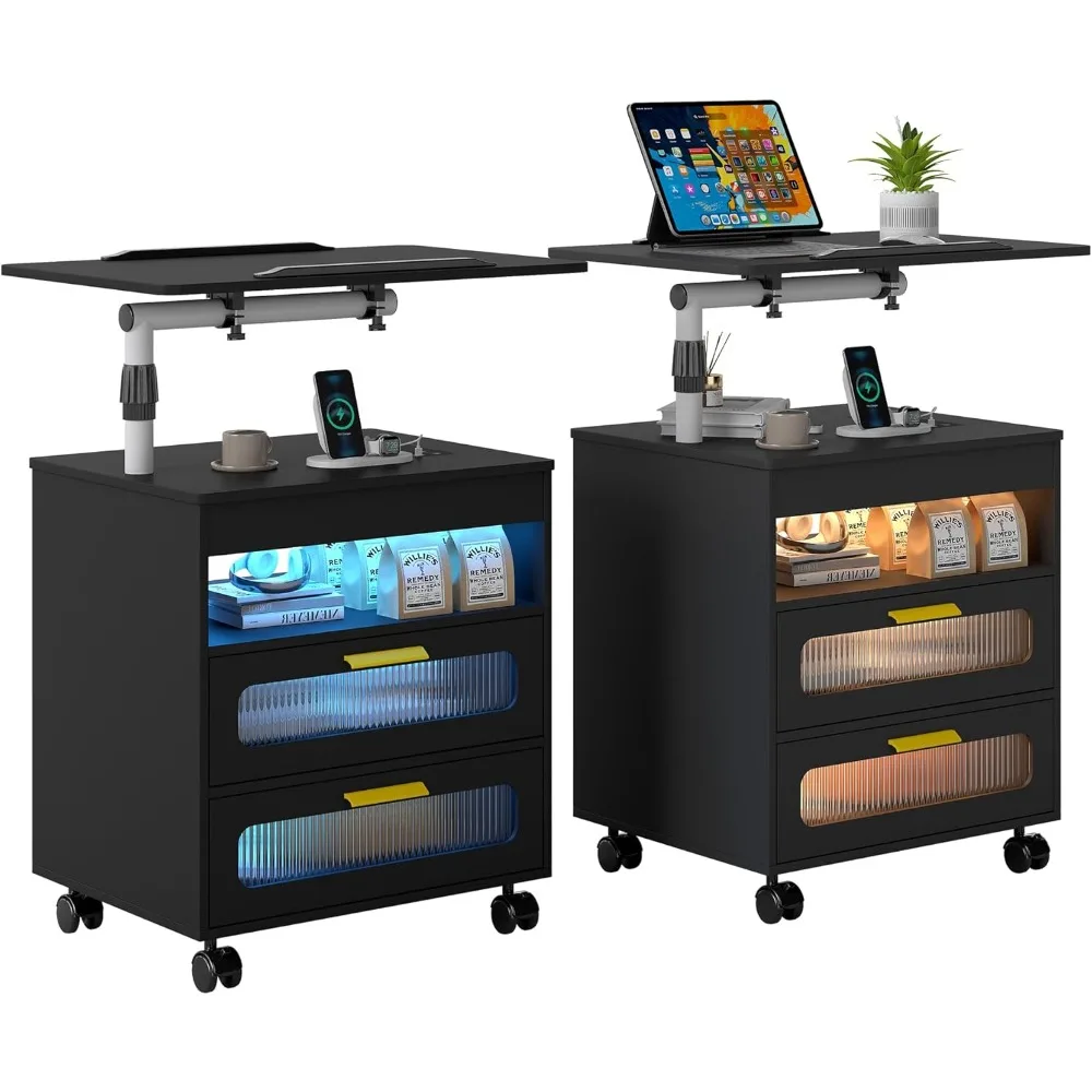LED Night Stand Set 2 with Charging Station, Smart Nightstand wiht Human Body Lights, Modern Bedside Table has Adjustable