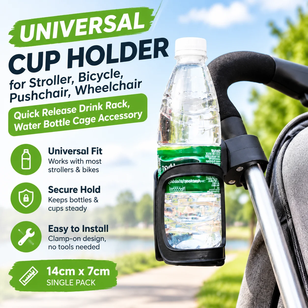 Universal Cup Holder for Stroller, Bicycle, Pushchair, Wheelchair - Quick Release Drink Rack, Water Bottle Cage Accessory