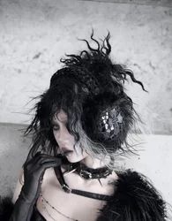 Blood Supply Original Design Autumn Winter Warm Furry Earmuffs Cross Snake Skin Sequined Long Hairy Gothic Black Earmuff