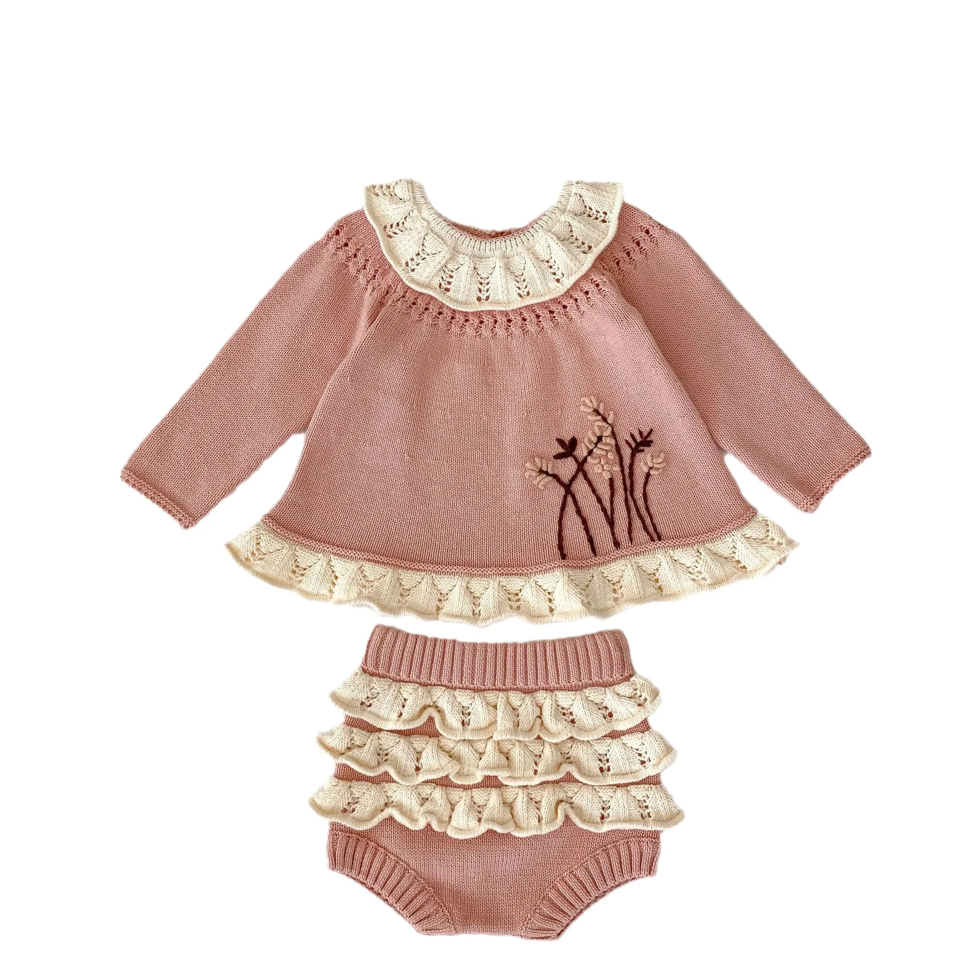 2024 Autumn Infant Baby Girls 2PCS Clothes Set Cotton Knitted Long Sleeve Tops Flounce Pp Shorts Suit Toddler Girls Outfits